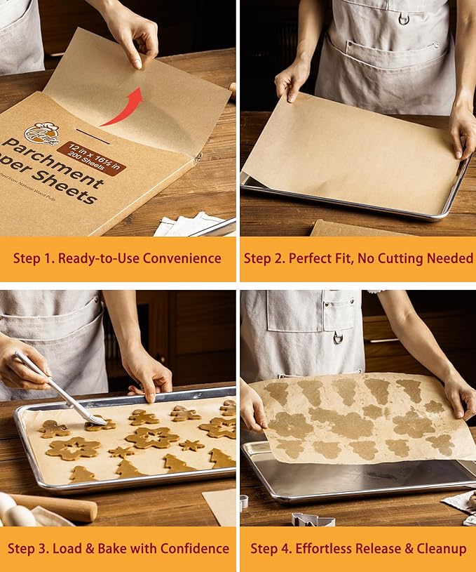 200 Pcs Parchment Paper Sheets, 12x16.5 Inch Precut Non-Stick Unbleached Parchment for Baking, Cookie, Cooking and Bread, Fits Half Sheet Pans