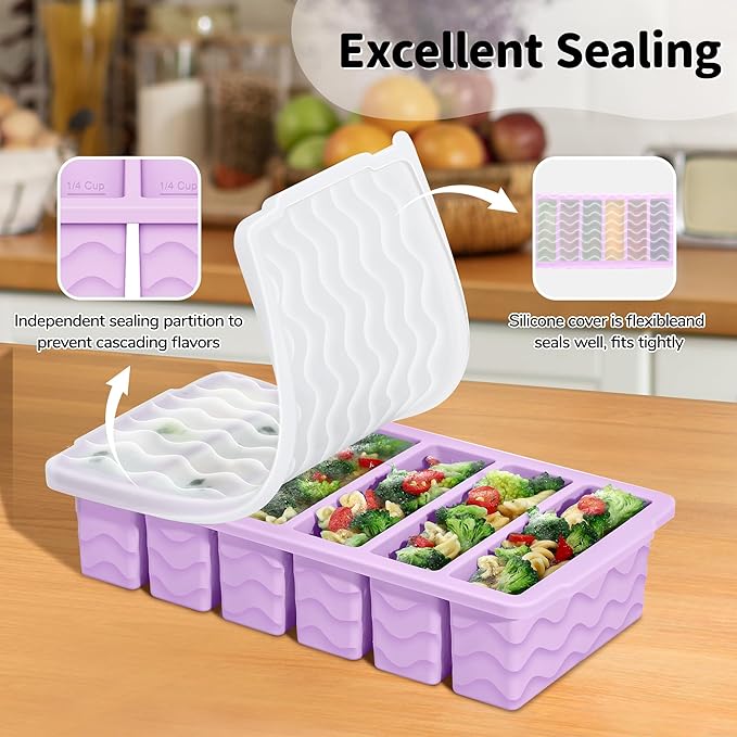 2-Pack Silicone Freezer Trays with Lid, 2 Large 2-Cup(500ml) & 6 Small 1/2-Cup(125ml) Soup Freezer Container Molds, Ice Cube Tray For Meal Prep & Freezing Soup, Stews, Sauces, Oven & Dishwasher-Safe