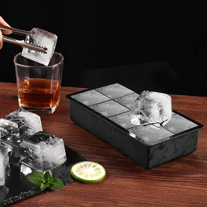Ice Cube Trays Silicone,2 Pack Ice Cube Molds with Removable Lids,Stackable Ice Trays for Freezer,Ice Maker Reusable and BPA Free for Whiskey, Cocktail, Chilled Drink (8 Big Square Ice Cubes)