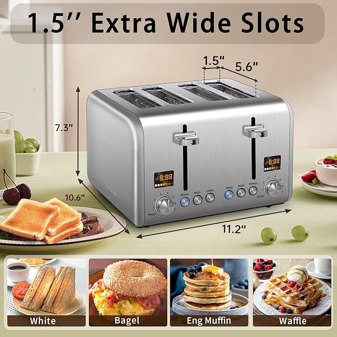 SEEDEEM 4 Slice Stainless Toaster - Color LCD Display, 7 Shade Settings, 1.5'' Wide Slots with Bagel/Defrost/Reheat Functions, Removable Crumb Tray, Silver Metallic, 1800W