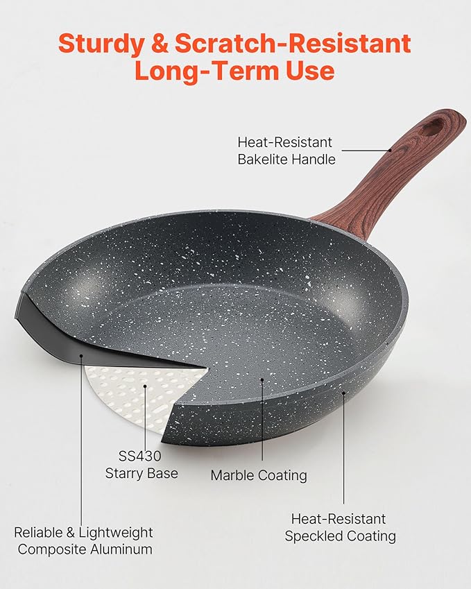 VEVOR Frying Pan Skillet，Nonstick Granite Egg Pan Omelet Pans, 3 Piece Set (9.5, 11, 12 in), Nonsitck Heavy-Duty Skillets with Heat-Resistant Handle, for Gas, Electric, Induction