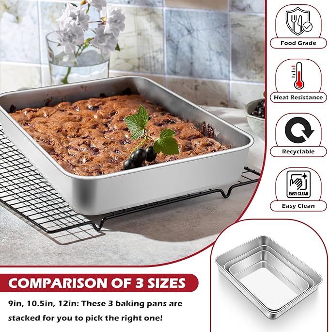 Leonyo Stainless Steel Baking Trays, 9.3 x 7 Inch Bakeware Cake Pan, Rectangle Lasagna Pan for Commercial Kitchen, Focaccia Bread, Casserole Dish - 2 Inch Deep
