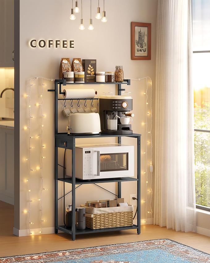 VASAGLE Kitchen Bakers Rack with Power Outlet, Coffee Bar 4-Tier with 8 S Hooks, Microwave Stand, Adjustable Shelf, for Small Spaces, Charcoal Gray and Ink Black UKKS014B01V1