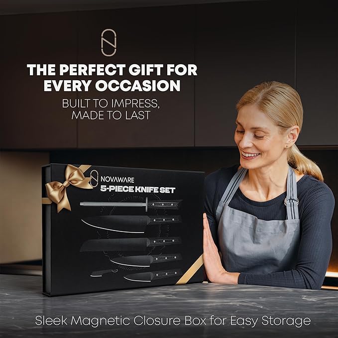 NOVAWARE 5 Pc Kitchen Knife Set – Ultra Sharp 60 HRC Chef Knife Sets, Black Titanium Coated Steel, Ergonomic G10 Handles – Chef Knives Without Block + Mini-Knife, Professional Knives Set for Kitchen