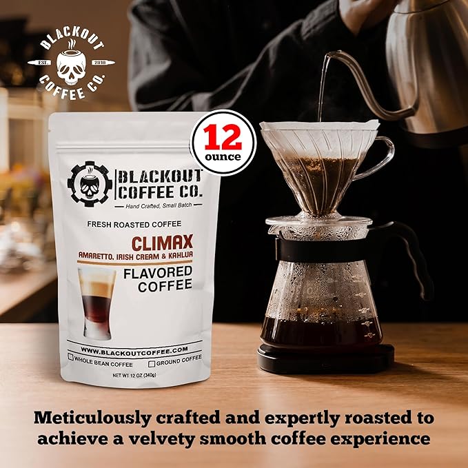 Blackout Coffee Climax Amaretto, Irish Cream & Kahlua Flavored Ground Coffee – Medium Roast, Smooth Taste, Guilt-Free Indulgence – Freshly Roasted 12oz Bag, American Made