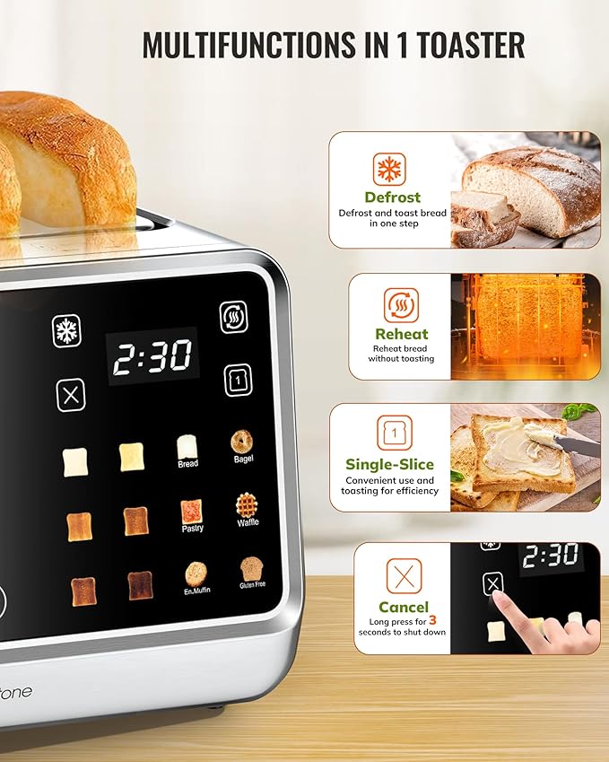 Toaster 4 Slice with TouchScreen, Memory Function & Single-Slot Focus, Keenstone 1800W Smart Digital Toaster for Ultimate Control, Wide Slot to Reheat & Defrost Bagels, Bread, Waffles, Stainless Steel