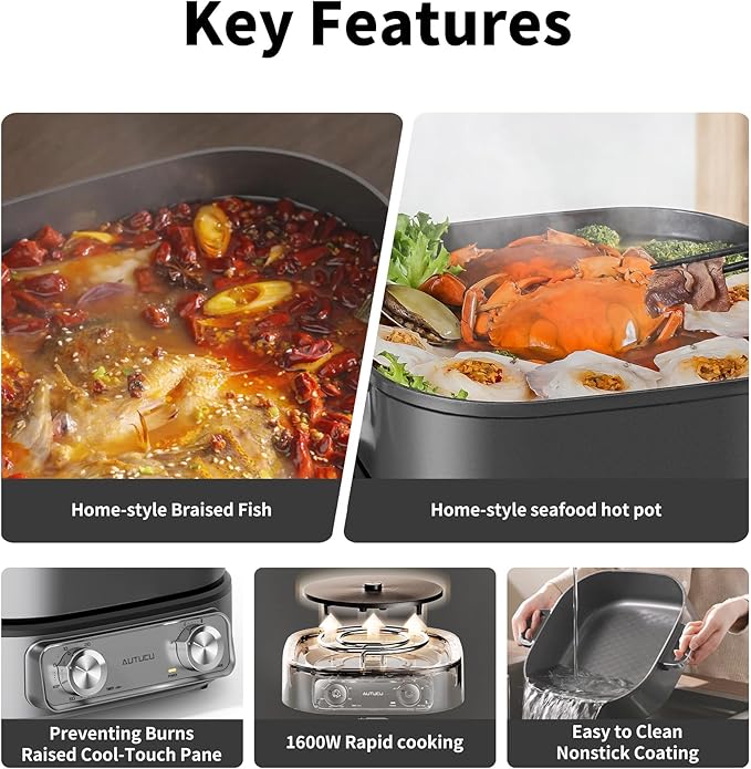 Electric Skillet 6-Quart Hot Pot Nonstick - PFOA-Free Ceramic Coating Pot, 1600W, Timer & 3 Power Settings for Steak, Egg, Ramen