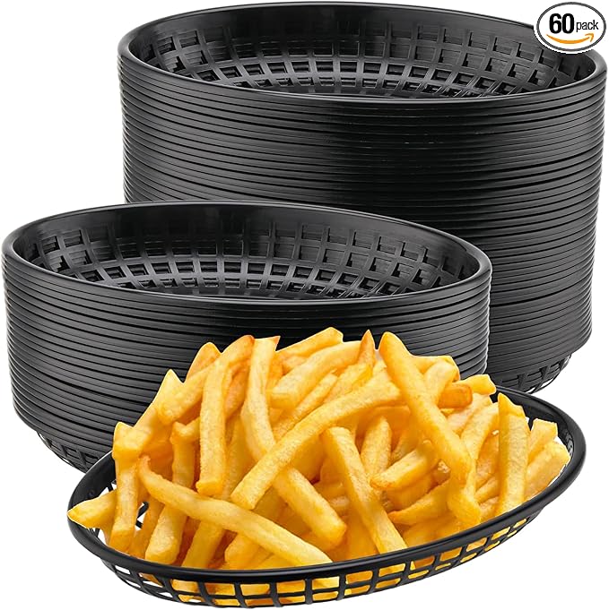 60 Pack 9x5.7x1.6 Inch Black Plastic Fast Food Baskets, Restaurant Serving Basket, Oval Fast Food Serving Baskets for Picnic, Chicken, Burgers and Fries