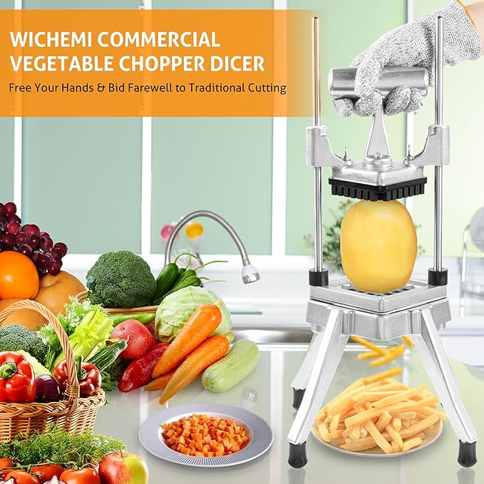 WICHEMI Commercial Chopper Vegetable Cutter Fruit Dicer Commercial Onion Chopper Professional Food Dicer Heavy Duty Stainless Steel Cutter for French Fry Tomato Potato Peppers Mushrooms (3/8")