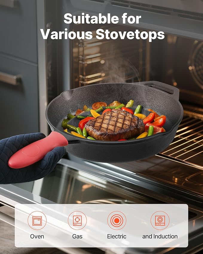 VEVOR Cast Iron Skillet, 4-Piece Frying Pan Set (6, 8, 10, 12 in), Skillets with Heat-Resistant Silicone Handle, Pre-Seasoned Chef's Pan, Kitchen Cookware, for Oven, Gas, Electrical, Induction, Black