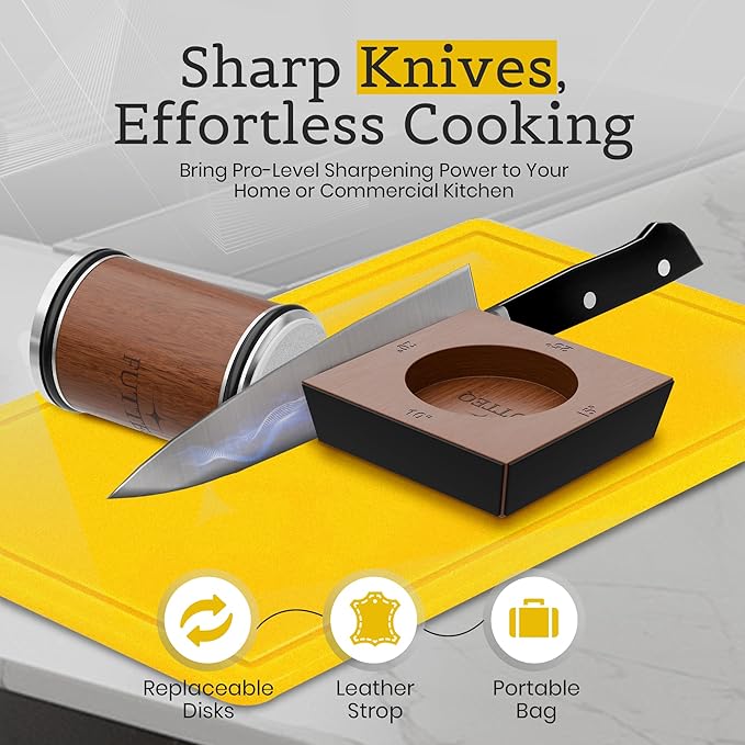 Tumbler Rolling Knife Sharpener Kit - Best Kitchen Knives Sharpening System with Leather Strop and 2 Extra Diamond Disks, Complete Set of Manual Knife Sharpener with Knife Sharpening Guide