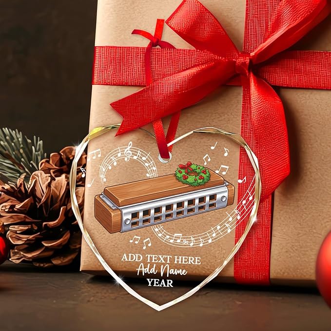 Personalized Harmonica Musical Instrument Glass Ornaments, Harmonica Christmas Tree Ornament 2025, Custom Music Lover Christmas Ornament with Text Name & Year, Keepsake Gift for Music Teacher