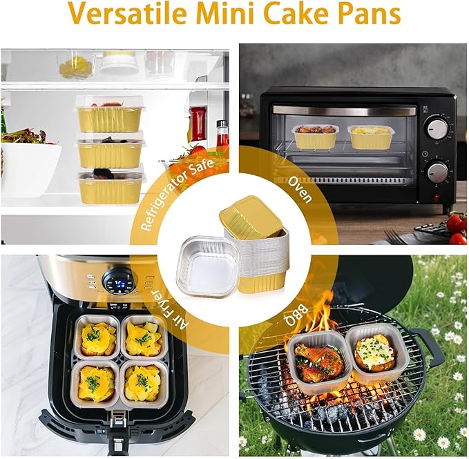 FORBFAN 150 Pack Mini Cake Pans with Lids and Spoons, 10 oz Aluminium Foil Square Brownie Baking Cups, Disposable Ramekins Cupcake Tins