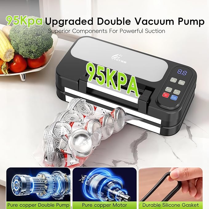 95kpa Vacuum Sealer Machine for Food, Commercial Full Automatic Food Saver Sealer, Meat Vacuum Packing Machine with Bags Storage, Built-in Cutter, Double Heat Seal, Marinate&External Vacuum