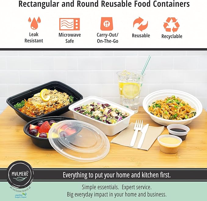 MULMEHË Plastic Food Storage Take-Out Container and Lid Combo, 28 oz, Microwaveable, Rectangular, Black, 8.5x6x1.5, Set of 150
