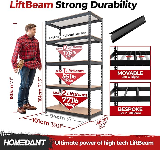 HOMEDANT 5-Tier Laminated Boltless Heavy Duty Metal Shelving Unit Adjustable Garage Storage Utility Rack Shelves Organization Multipurpose Shelf Warehouse Industrial 39.8" W x 18.2" D x 71.3" H 1Pack