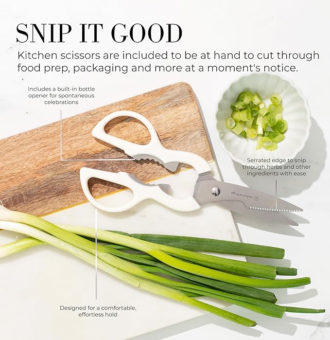 Styled Settings White Knife Set with Block and Sharpener – 14-Piece Ultra-Sharp High Carbon Stainless Steel Knives with Gold Triple Rivet White Handles and Ashwood Knife Block