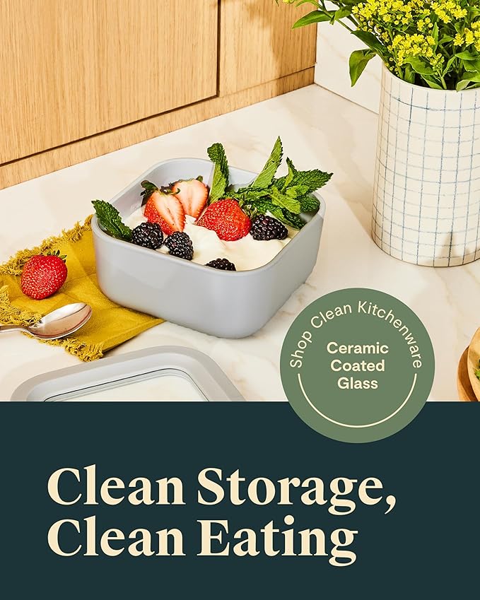 Caraway 2pc Glass Food Storage Set - 4.4 Cup Food Containers (2) - Ceramic Coated - Non Toxic, Non Stick Lunch with Lids - Dishwasher, Oven, & Microwave Safe - Mist