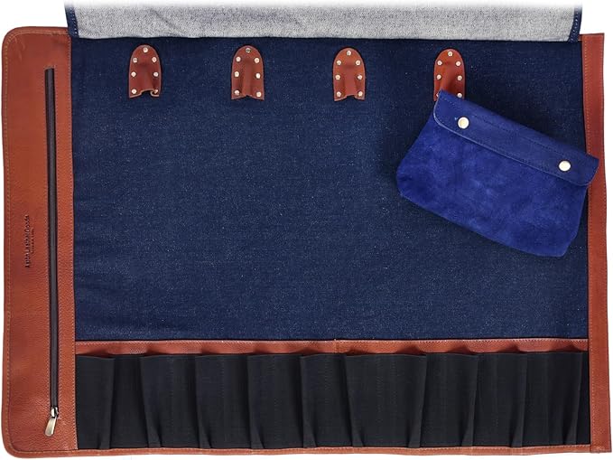 Leather Knife Roll Storage Bag, Elastic and Expandable 10 Pockets, Adjustable/Detachable Shoulder Strap, Travel-Friendly Chef Knife Case (Currant, Canvas)