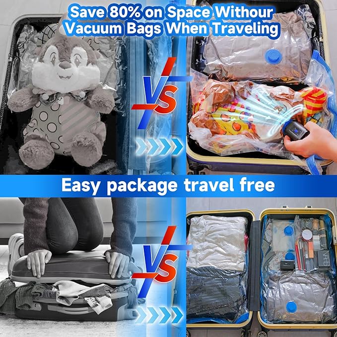 Travel Vacuum Storage Bags Combo Portable Wireless Electric Pump,12 Pack Compression Bags for Travel,Space Saver Vacuum Storage Bags for Clothing and Luggage