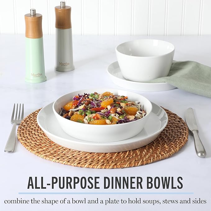 Martha Stewart Selma Chip & Scratch Resistant Dinnerware Set – White Plates and Bowls, Durable Dishwasher and Microwave Safe Dishes Set for Everyday Use