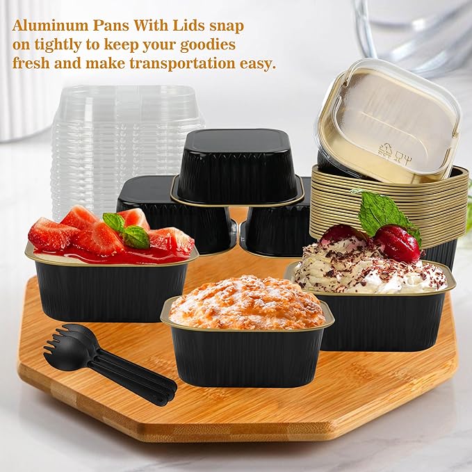 Foil Baking Cups, 30pcs 10oz Mini Cake Pans With Lids Cake Cups Aluminum Pans Disposable Ramekins With Lids Mini Cake Pans, Black Gold, HG01AP300BKX30