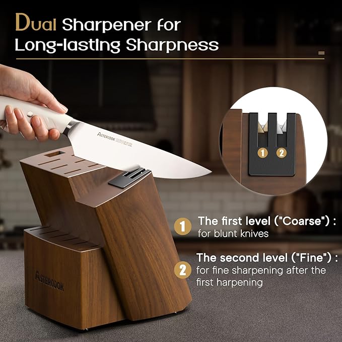 Astercook Knife Set Kitchen with Block and Dual Sharpener Full Tang 15 Pcs German Stainless Steel Knives Dishwasher Safe Kitchen Utensils Set with Anti-slip Ergonomic Handle, Elegant White