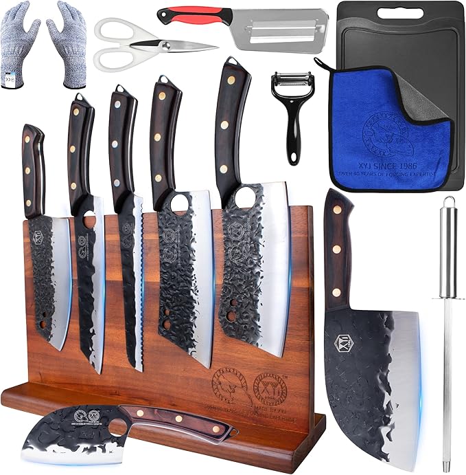 XYJ Authentic Since 1986, Knife Block Set, Full Tang Knives Set with Holder, Cutting Board, Sharpener Rod, Scissors, Cut Resistant Gloves, High Carbon Steel Blades, Cleaver, Slicing Kitchen Knives