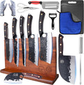 XYJ Authentic Since 1986, Knife Block Set, Full Tang Knives Set with Holder, Cutting Board, Sharpener Rod, Scissors, Cut Resistant Gloves, High Carbon Steel Blades, Cleaver, Slicing Kitchen Knives