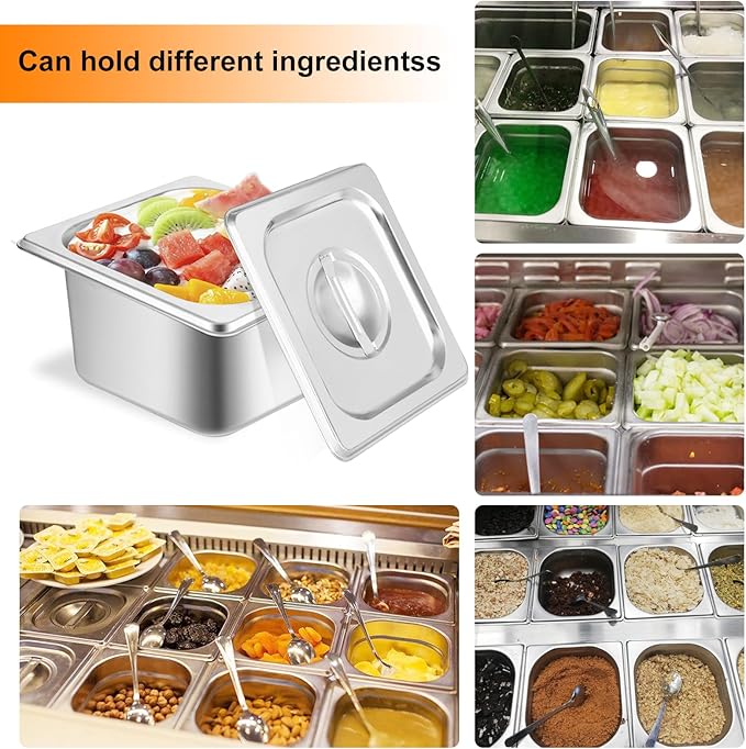 6 Set Hotel Pan 1/6 Size 4 Inch Deep Stainless Steam Table Pans with Lids Stackable Commercial Anti Jam Metal Steam Tray Catering Food Storage Steel Pan for Hotel Restaurant Buffet Party Supplies