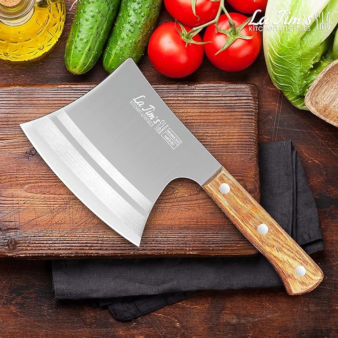 LA TIM'S Meat Cleaver Knife, 2 lb Heavy Duty Cleaver with Hand Forged High Carbon Steel, Butcher Knife for Chopping Bones, Solid Wood Handle