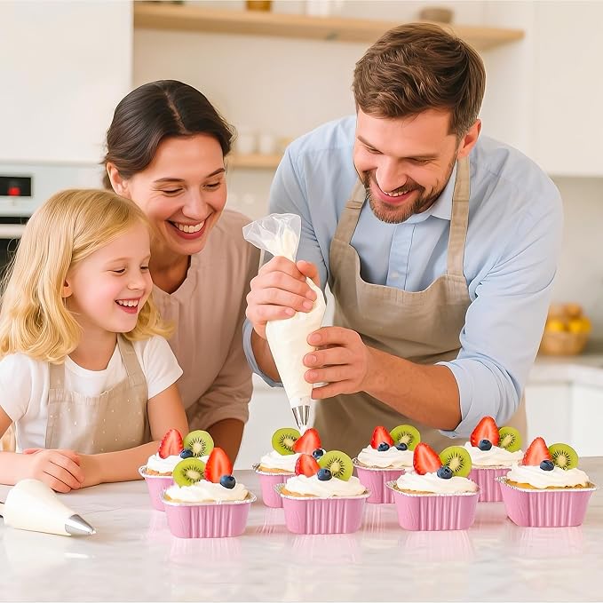 50 Pcs Mini Cake Pans with Lids and Spoons Aluminum Foil Mini Square Baking Cups with Lids Disposable Ramekins Cake Pans Dessert Cups for Wedding Birthday Party(Pink,5oz)