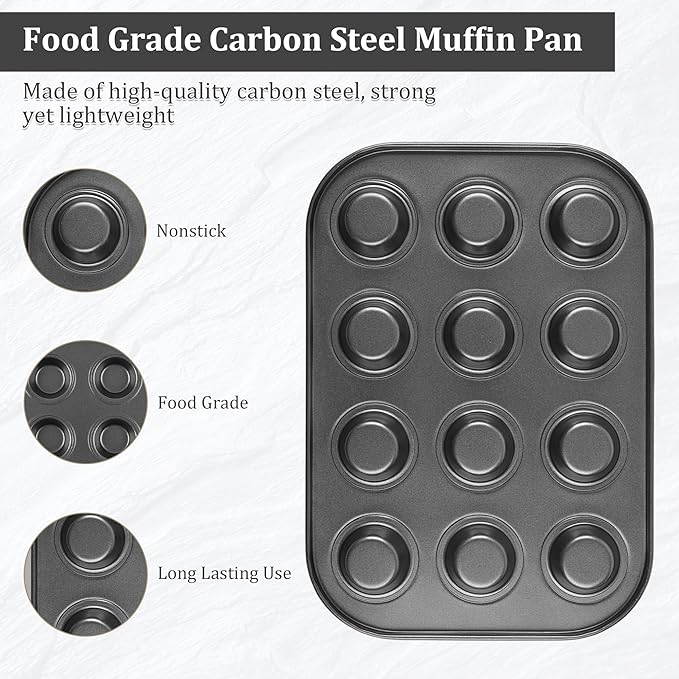 Mini Muffin Pan 2-Pack, Premium Small Cupcake Pans, Carbon Steel 12-Cup Muffin Tin, Versatile Non-Stick Bakeware