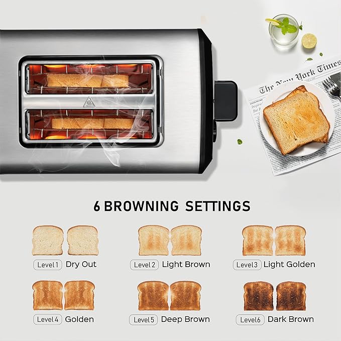 Toaster 2 Slice, Wide Slot Stainless Steel Toaster with 6 Browning Levels, Reheat & Defrost, for Bagel, Toast, Bread, Kitchen Essentials, Removable Crumb Tray (sliver)