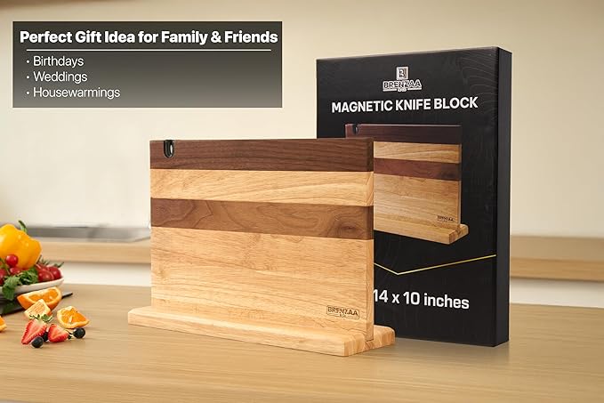 BRENZAA Magnetic Knife Block, Thick Wood Kitchen Knife Holder Stand with Strong Magnets, Multifunctional Double Side Knife Storage Organizer for Kitchen