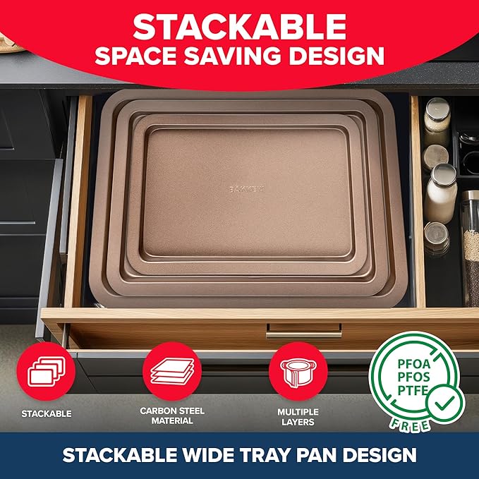 BAKKEN 3-Piece Kitchen Baking Pans - Small, Medium, and Large Cookie Pan, With Nonstick Coating, Stackable and Space-saving Design, PFOA, PFOS, PTFE Free, Oven Safe Tray (Up To 450°F), Brown