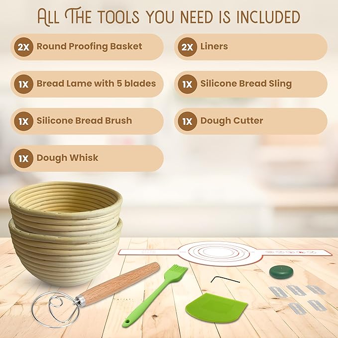 Premium Banneton Bread Proofing Baskets Set of 2 (10" round baskets) with Liners + Starter Kit - 100% Indonesian Natural Rattan Sourdough Bread Baking Tools