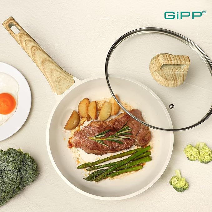 GiPP Nonstick Frying Pan Skillet with Lid - 9.5" White Granite Non Stick Pans, Omelette Pan with Heat-Resistant Handle, Compatible with All Stovetops, PFOA Free