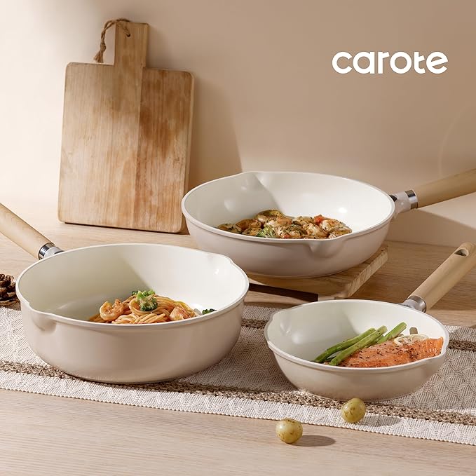 CAROTE 8" Ceramic Frying Pan Skillet, Non Stick Frying Pan Chef's Pan, Healthy & PFOA/PFAS Free, Induction-Compatible, Taupe