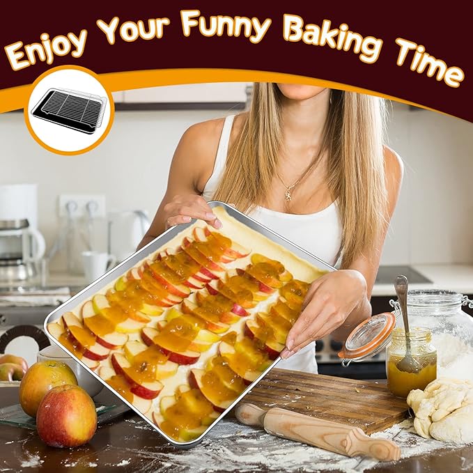 P&P CHEF 17.5 Inch Stainless Steel Baking Sheet with Rack Set (2 Pans+ 2 Racks), Cookie Sheets Baking Trays and Cooling Wire Racks, Oven & Dishwasher Safe, Pans with Flat Racks
