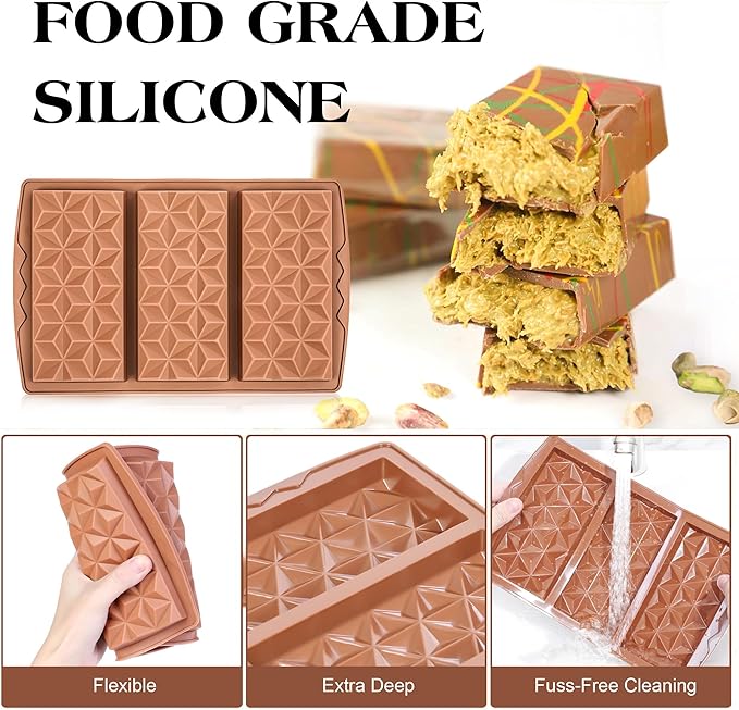 3 Pcs Deep Dubai Chocolate Bar Mold Large Stuffed Silicone Molds for Filling Knafeh Pistachio Chocolate Bar Thick Candy Molds Break Apart (Pyramid Shape)