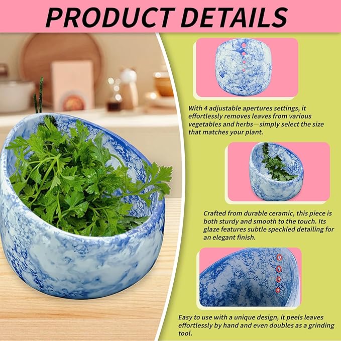 Pottery Herb Stripper,Herb Stripper，Herb Stripper Bowl Ceramic,Kitchen Herb Stripping Tool Efficient Leaf Removal Tool for Kale,Chard,Cilantro，Thyme, Basil, Parsley, Rosemary