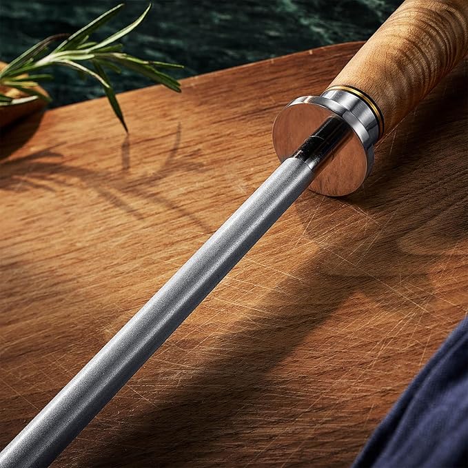 SENKEN Professional Emery Knife Sharpening Steel - Incredibly Strong Emery Rod for Sharpening & Honing Knives Up to 63 HRC Including All Damascus Knives (Natural Sycamore Wood)