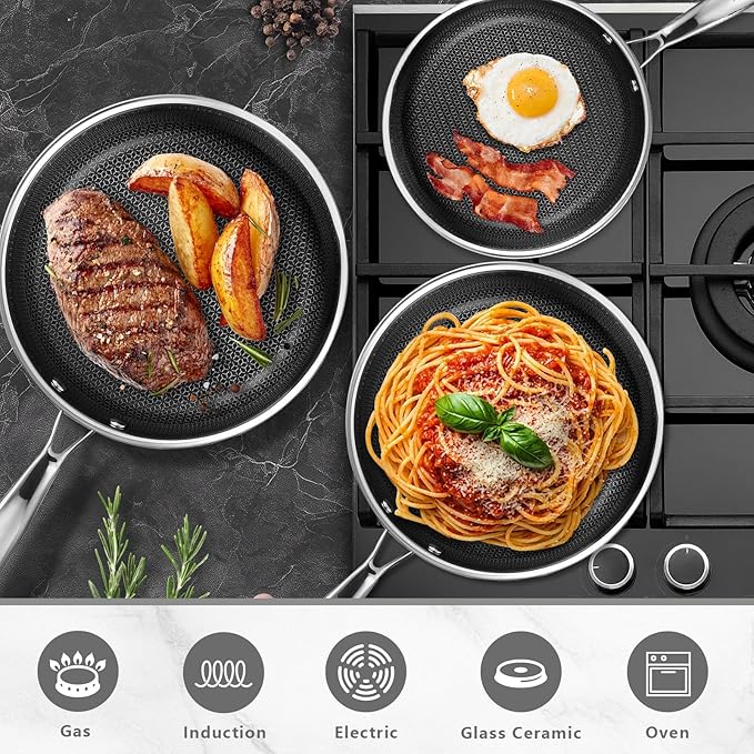 Non Stick Frying Pans Set, 8" 9.5" 11" Stainless Steel Pan Set, Ceramic Skillet with Stay-Cool Handle, Non Toxic, PFAS PFOA PTFE Free, Dishwasher Safe, Induction, Suitable with All Cooktops