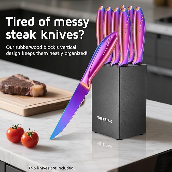 WELLSTAR 5-Inch Steak Knife Holder Only– Wooden Knife Block with 8 Slots (No Knives Included) – Compact, Space-Saving Design for 5" Steak Knives – Sturdy Wood Storage Organizer
