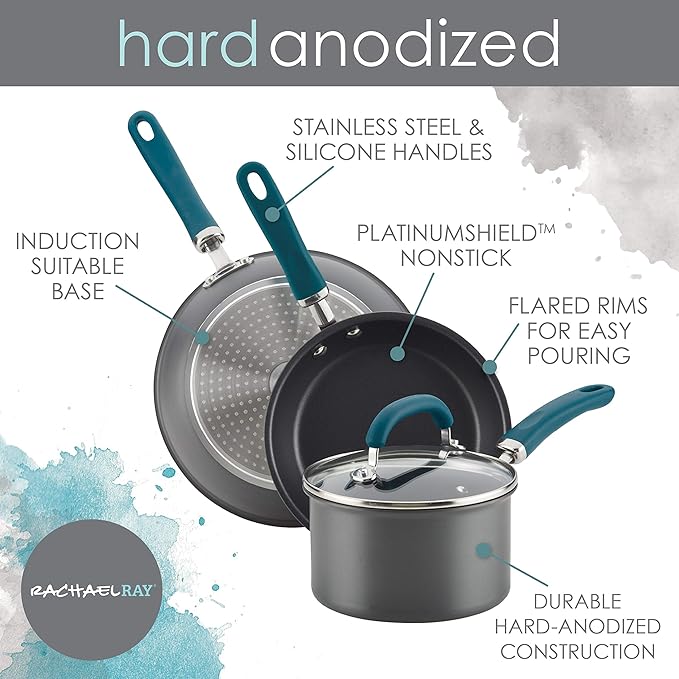 Rachael Ray Create Delicious Deep Hard Anodized Nonstick Frying Pan Set / Fry Pan Set / Hard Anodized Skillet Set - 9.5 Inch and 11.75 Inch, Gray