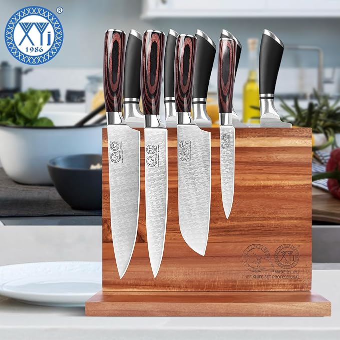 XYJ Authentic Since 1986, Magnetic Knife Block, Double Side Kitchen Knife Stand, Acacia Wood, Magnetic Knife Holder with Strong Enhanced Magnets,Knives Storage Rack Stand for Home Kitchen