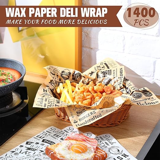 1400 Pcs 12 x 12 Inch Deli Wax Paper Sheets Grease Resistant Tray Basket Liners Newsprint Paper Water and Grease Proof Sandwich Wrapping Square Hot Dog Wrappers for Food Baking (Brown,White)