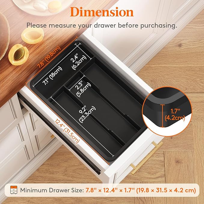 Lifewit Silverware Tray, Cutlery Drawer Organizer Storage for Kitchen, Plastic Flatware Utensil Holder Divider for Spoons Forks Knives Tableware, 4 Compartment, Black