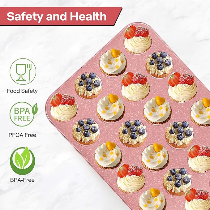Spmart 2-Pack 24-Cup Nonstick Ceramic-Coated Mini Muffin Pan | Durable & Easy Clean Muffin Tins | Perfect for Small Baked Goods & Party Treats (Pink)